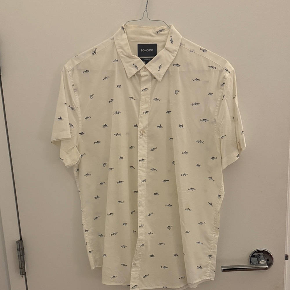 Bonobos Cream Short Sleeve Shirt with Blue Pattern